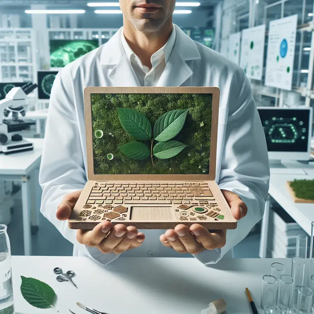 "Computador biodegradável em um ambiente natural, simbolizando o futuro sustentável da tecnologia. Materiais ecológicos e design inovador destacam a importância da sustentabilidade na era digital."